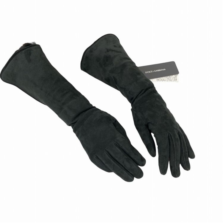 ♥品 Dolce-Gabbana ドルチェ＆ガッバーナ ゴートレザー＆ラムファーロンググローブ スエード ブラック 7