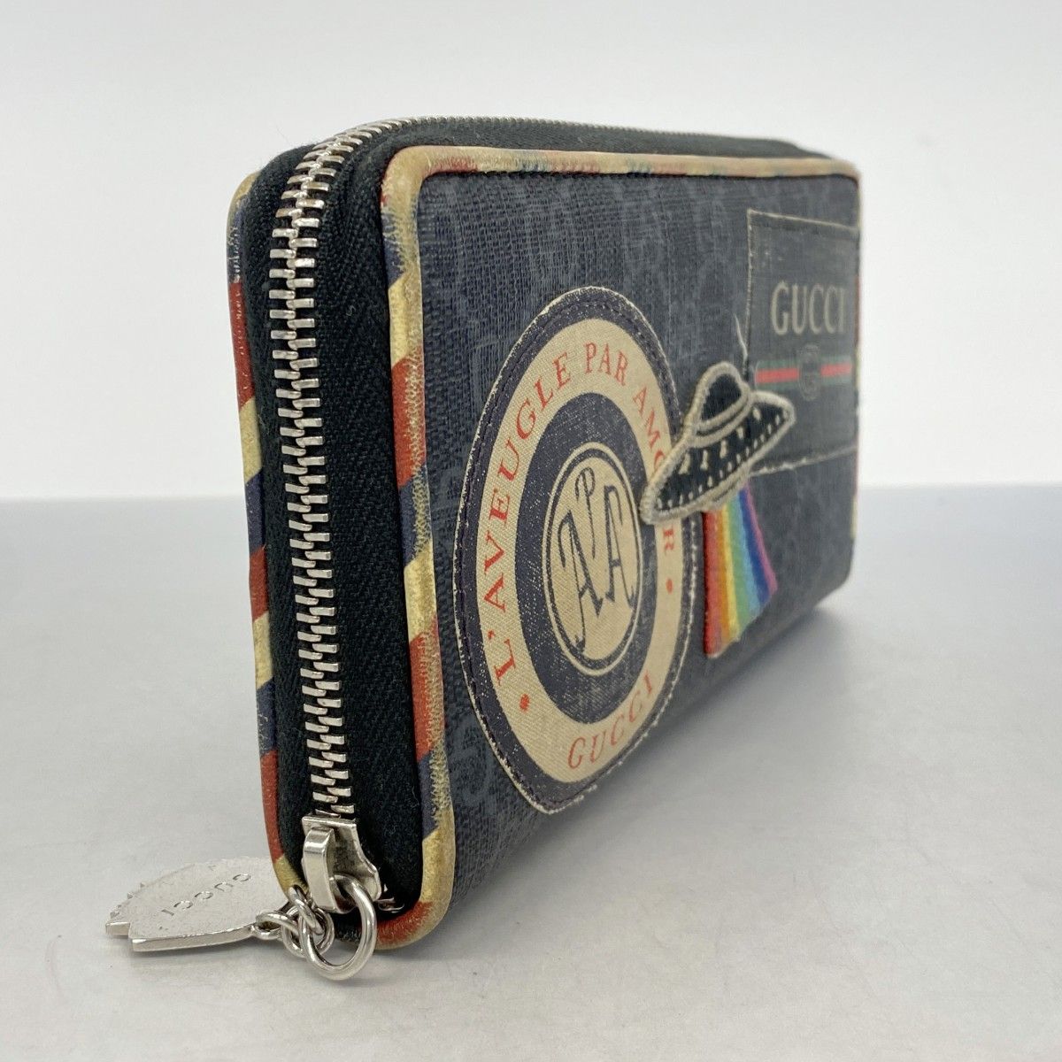 5mc3157 グッチ 長財布 GGスプリーム 496342 PVC ブラック シルバー金具 メンズ