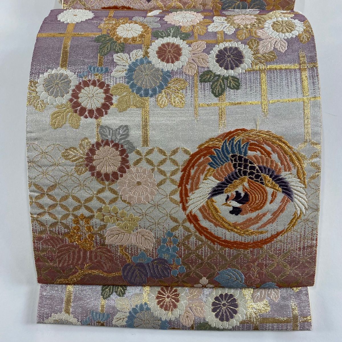 正絹袋帯] 縦縞、唐織 袋帯 唐織 扇 花模様 縦縞 着物 054w p