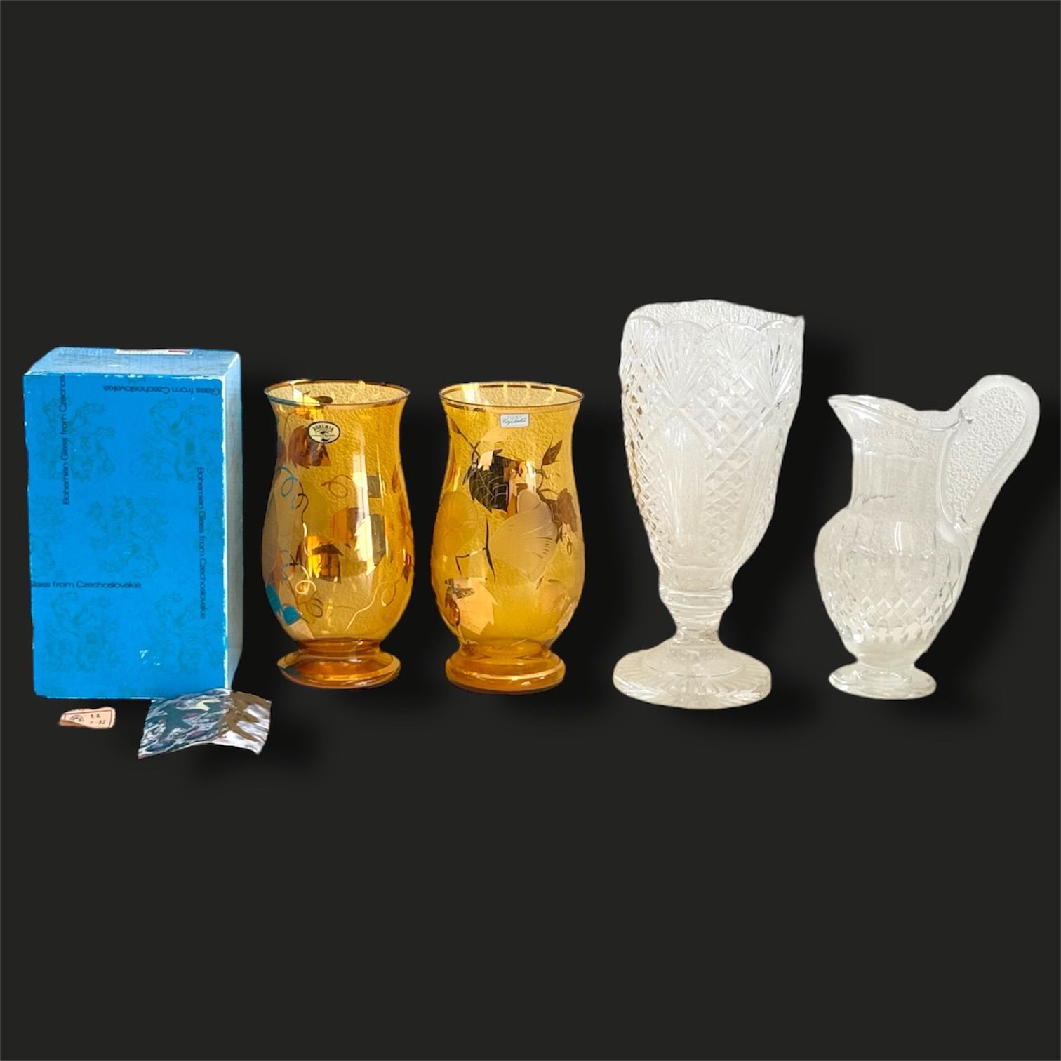 ボヘミアガラス 4点セット アンバー花瓶×2 クリア脚付花瓶 クリアピッチャー Bohemia Glass 金彩 ハンドカット 花器 花瓶 ベース 水差し インテリア まとめ