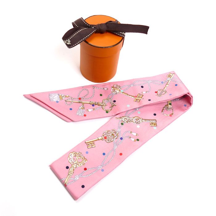 美品　エルメス　ツイリー　レクレアポア　ピンク　鍵柄　スカーフ 美品 エルメス ツイリー レクレアポア ピンク 鍵柄 スカーフ