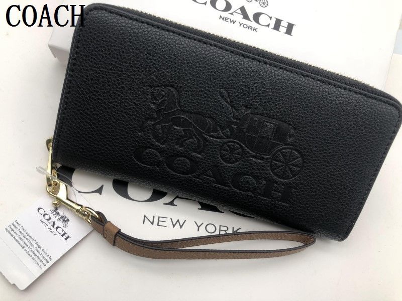 COACH 長財布 コーチ 財布 ロング ジップ ストラップ付き ブラック