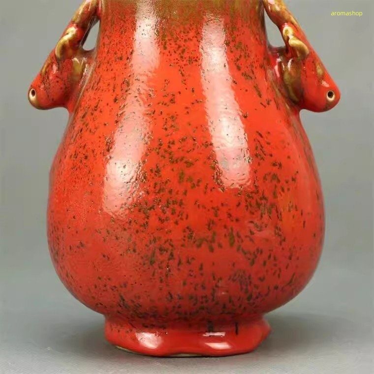 景徳鎮 花瓶 磁器 鹿頭双耳尊 鶏血紅 陶磁器 観賞花瓶 置物 中国