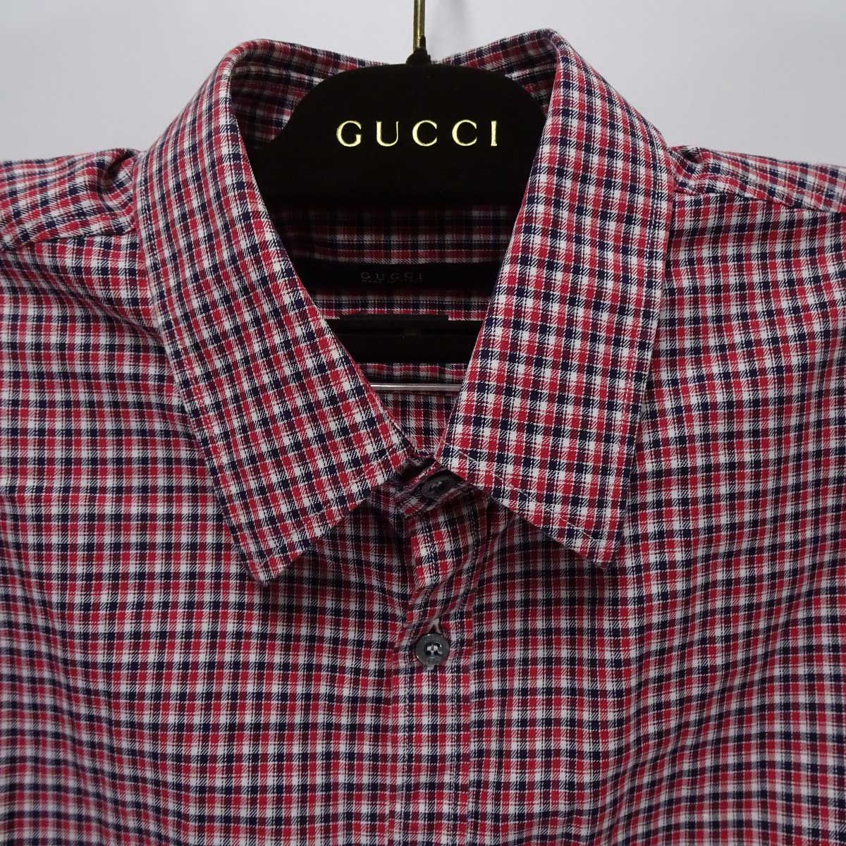 グッチ コットンチェック 長袖シャツ 39レッド 307635 Z3694 メンズ