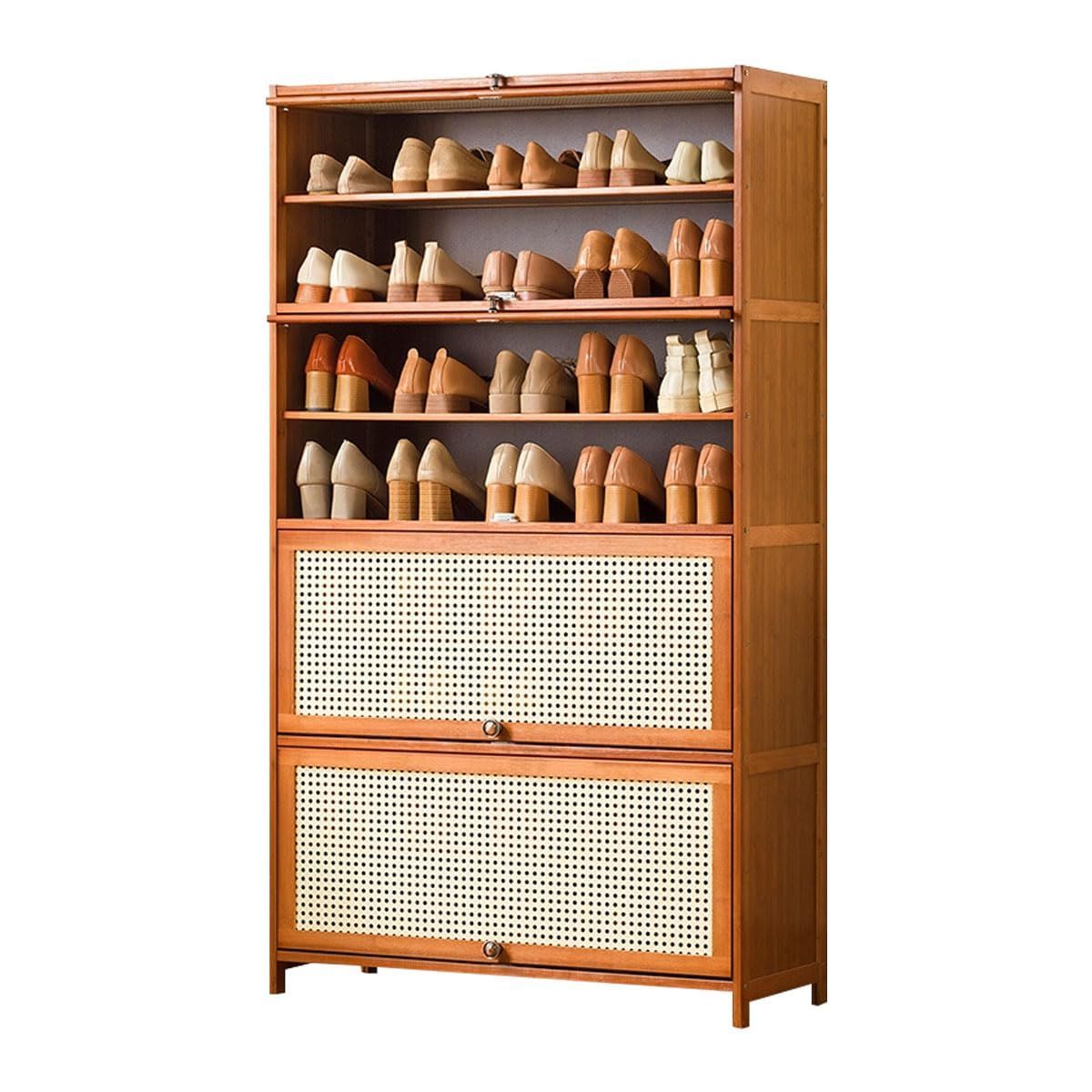 【人気商品】Yumcute シューズボックス 下駄箱 8段 幅80×奥行32×高さ140cm 靴箱 ルーバー扉 通気性 玄関収納 省スペース 大容量 竹製 取り出しやすい 消臭 シューズラック 靴棚 おしゃれ