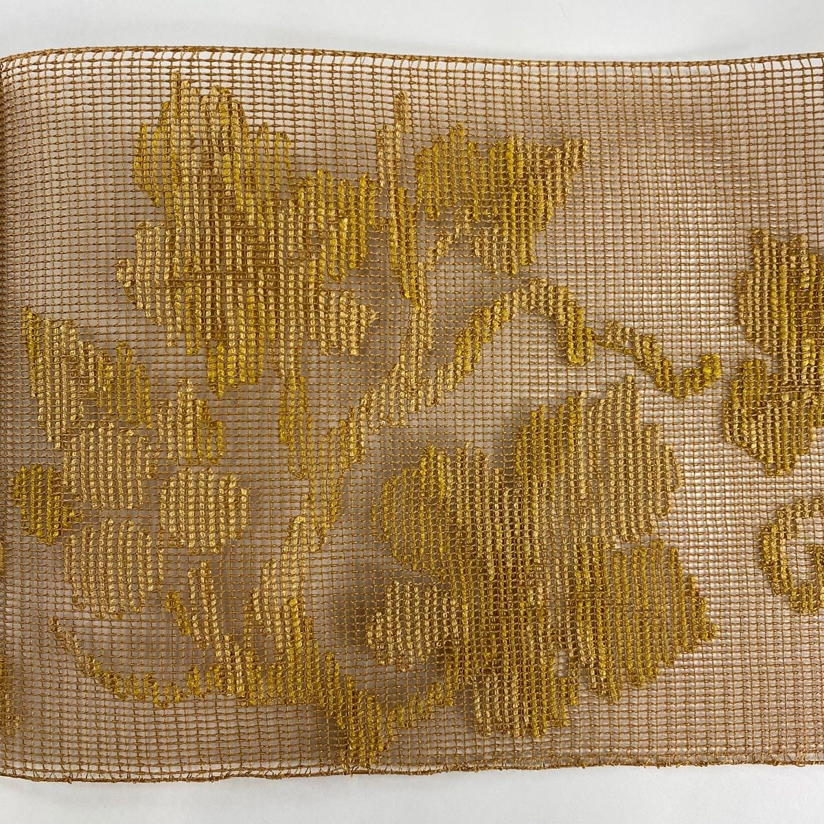 F 美品 夏物 羅 麻の葉模様 全通 正絹 薄物 松葉仕立て名古屋帯 名古屋帯】夏帯 羅 松葉仕立て ブラウン 茶色 チェック柄 格子柄