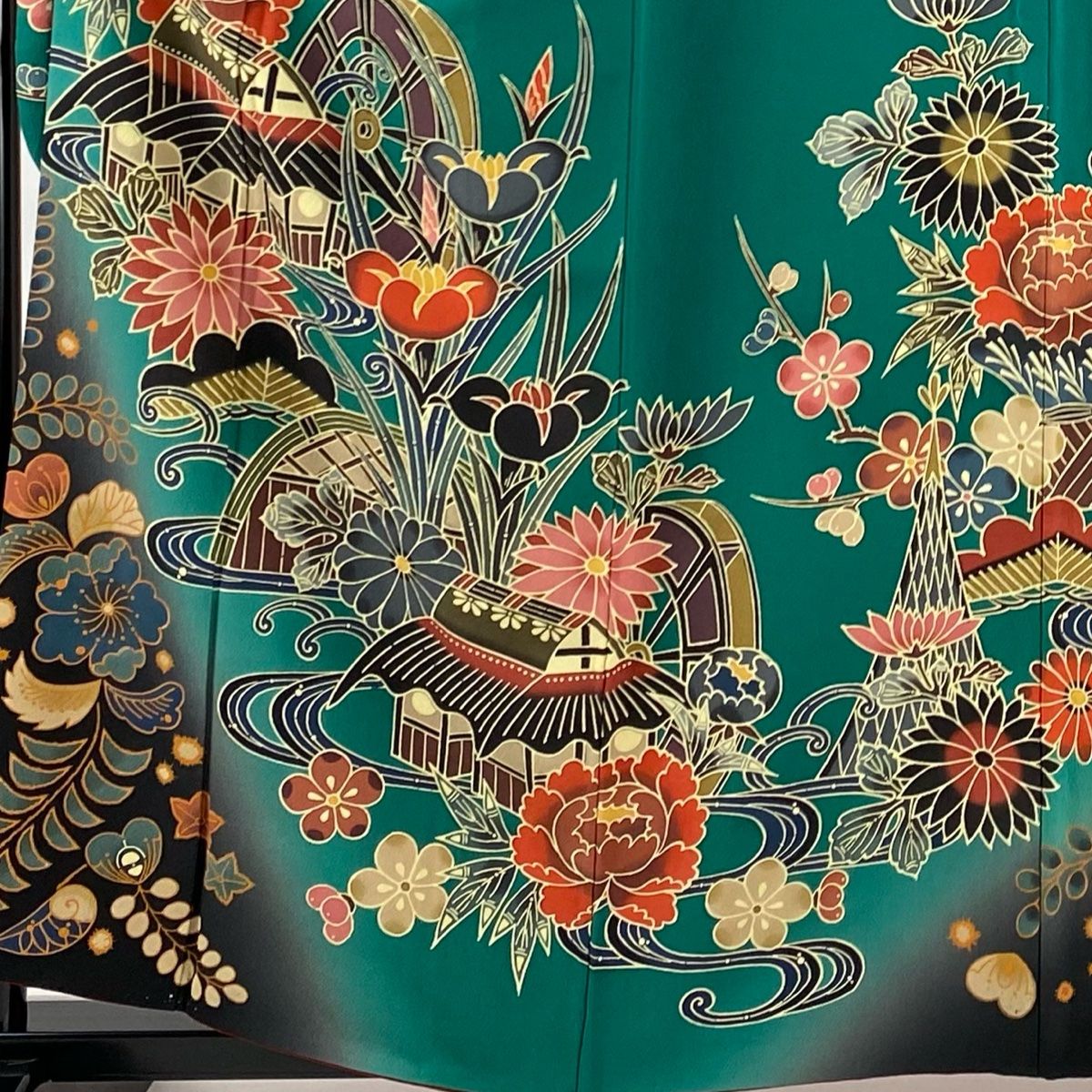 振袖 身丈160cm 裄丈63cm S 袷 宮崎良次 京紅型 落款 家屋 草葉  