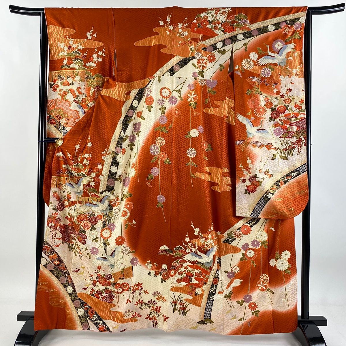 振袖 身丈164cm 裄丈63.5cm S 袷 桧扇 鶴 金糸 金彩 朱色 正絹 秀品