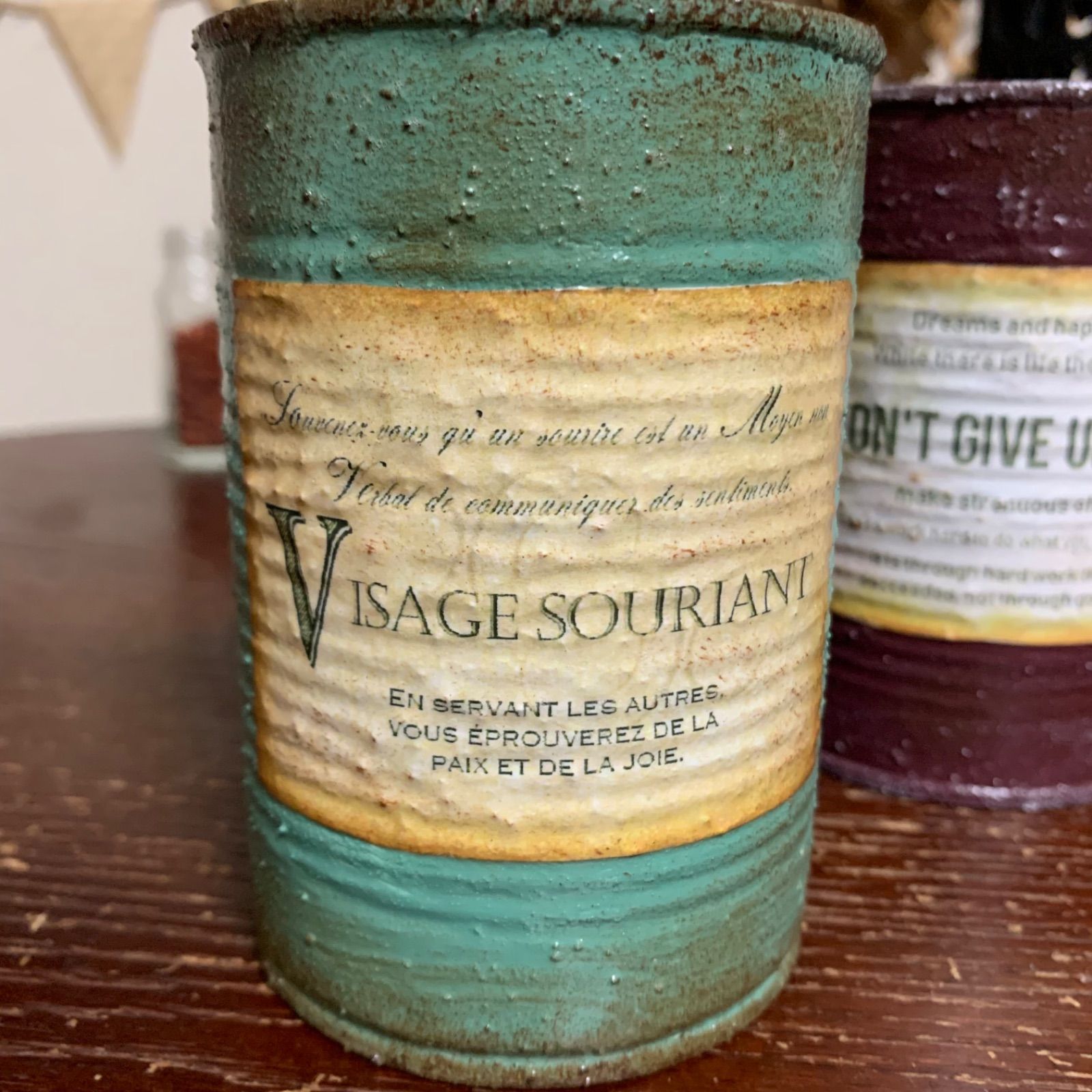 36.（トマト缶2個）リメイク缶　リメ缶　プランター　ガーデニング トマト缶 リメイク缶 2個セット (アンティークグリーン