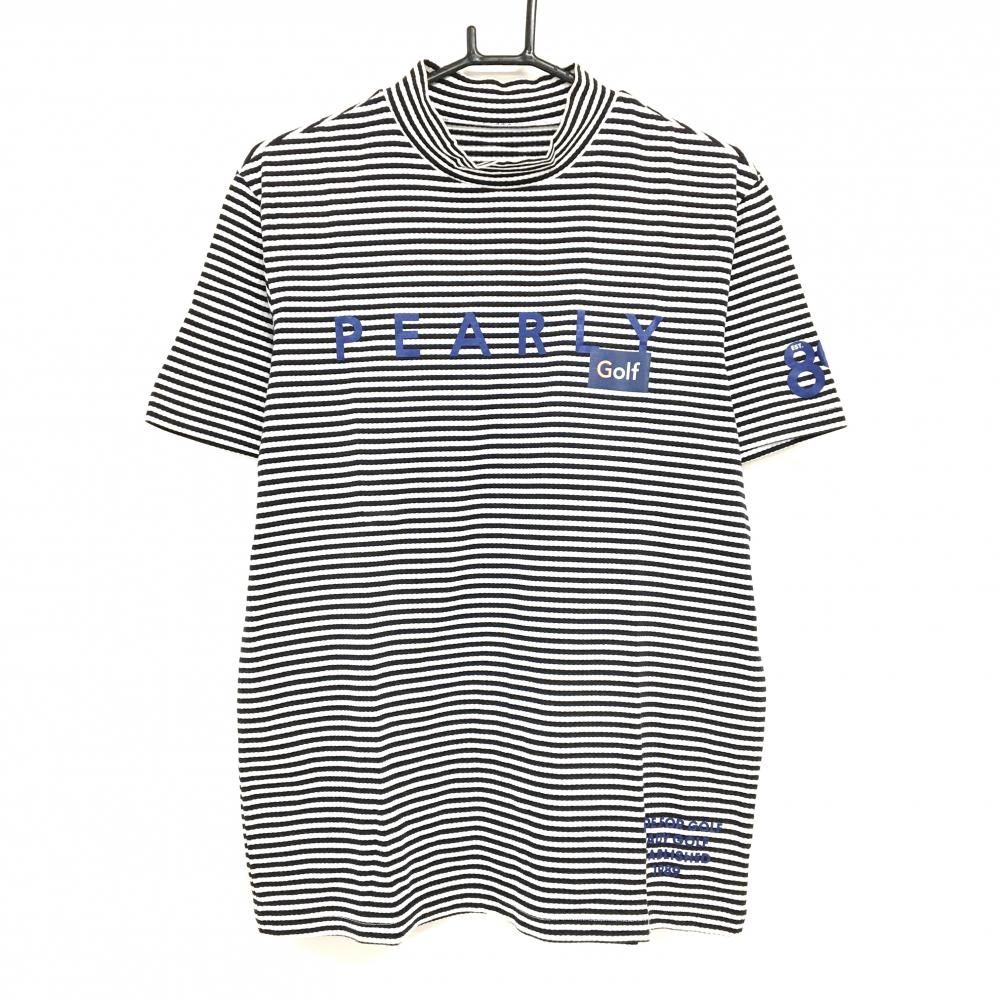 【格安，セール】 ★SALE価格★【美品】パーリーゲイツ 半袖ハイネックシャツ 白×黒 ボーダー ロゴブルー  メンズ 6(XL) ゴルフウェア PEARLY GATES シャツ