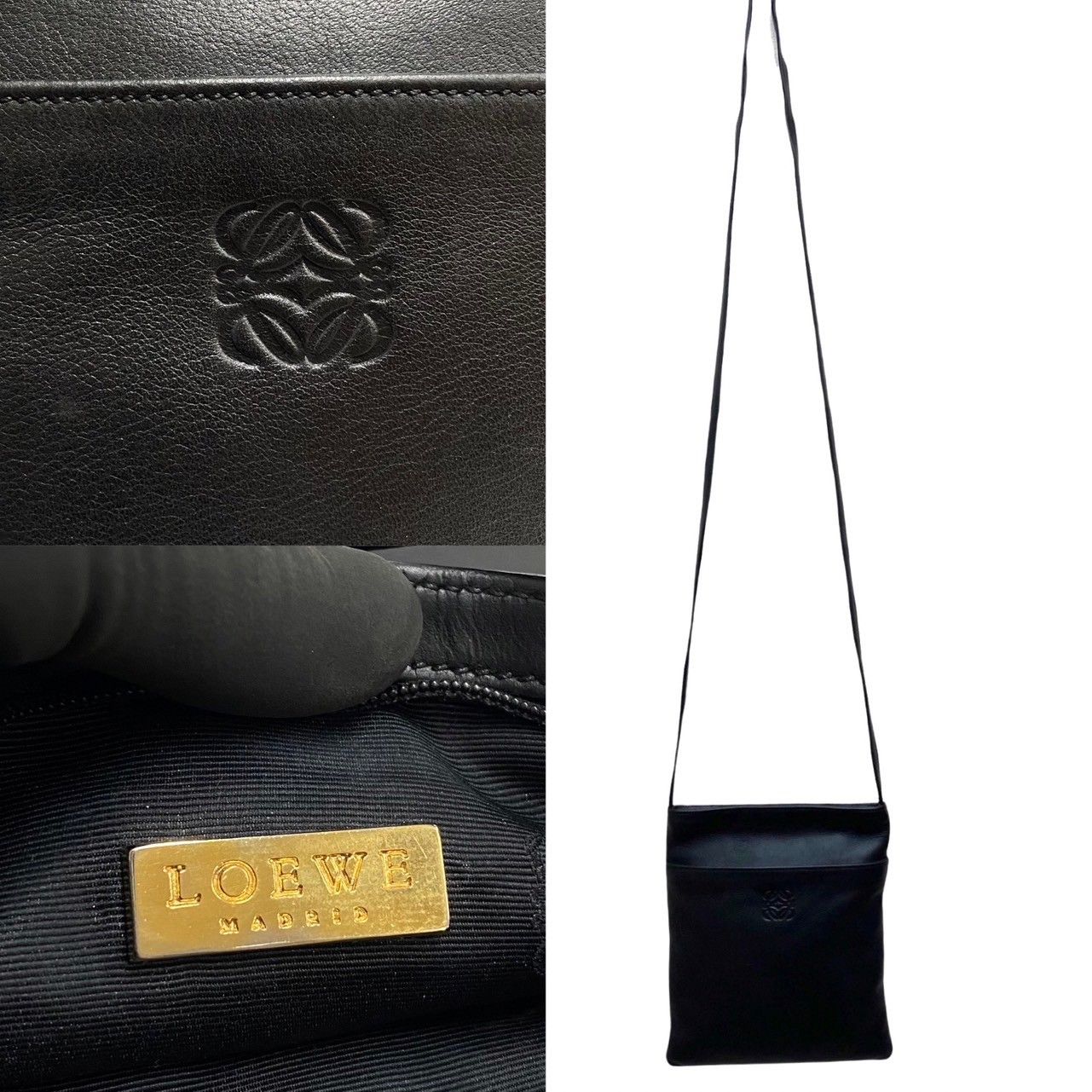 美品 希少品 LOEWE ロエベ ヴィンテージ アナグラム ロゴ レザー 本革 ミニ ショルダーバッグ ポシェット サコッシュ ネイビー 20449約14cmショルダー