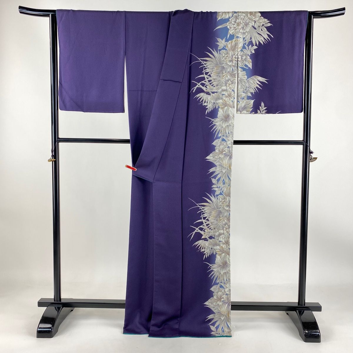 超豪華絢爛綺麗美品身丈162cm裄丈69cm⭐️グレー紫刺繍正絹付下げ⭐️ 付下げ 身丈168cm 裄丈69cm L 袷 縞 銀糸 黒 正絹 美品 秀品