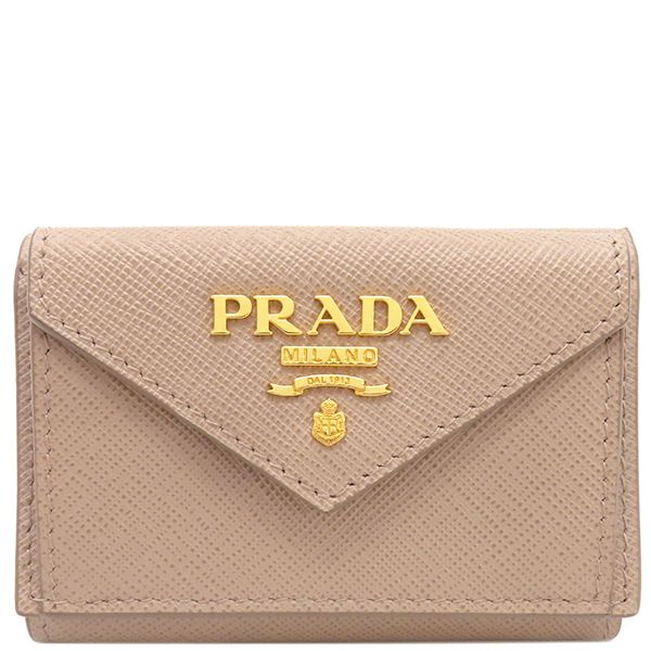 プラダ PRADA 三つ折り財布 メタルロゴ コンパクトウォレット サフィアーノレザー ベージュ ゴールド金具 ミニ財布 1MH021 箱