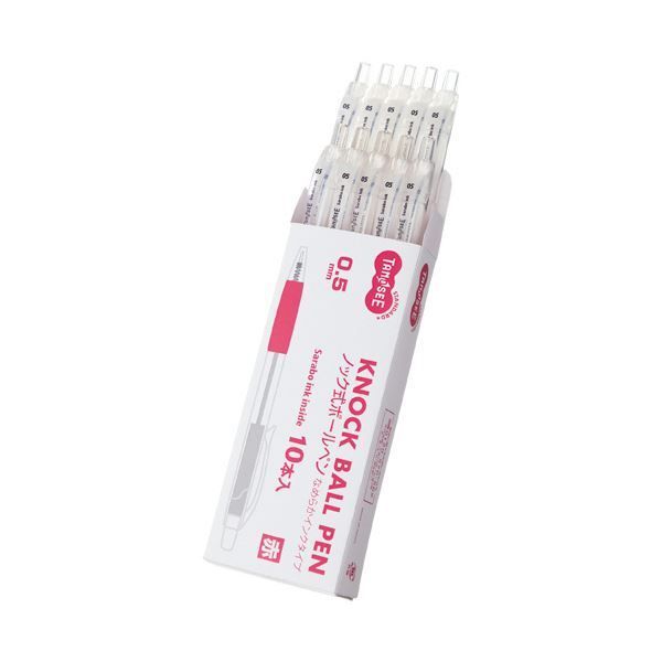 （まとめ）TANOSEE ノック式油性ボールペン（なめらかインク） 0.5mm 赤 （軸色：クリア） 1セット（10本） 【&times;5セット】