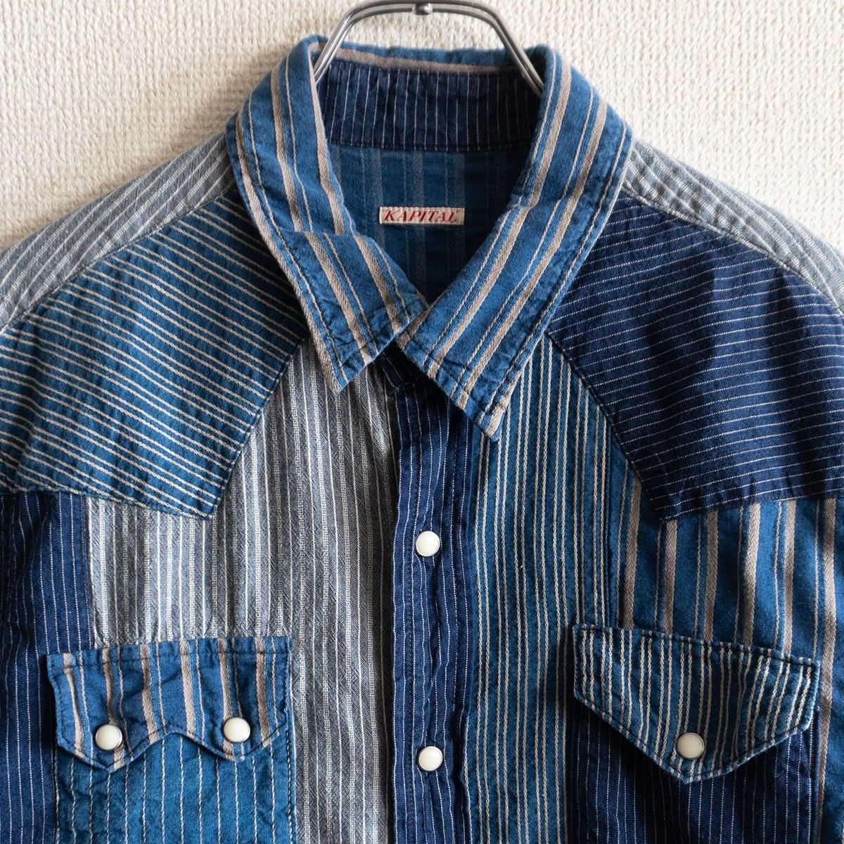 KAPITAL キャピタル 江戸縞 インディゴ パッチワークTシャツ カットソー KAPITAL キャピタル 江戸縞 インディゴ パッチワークTシャツ