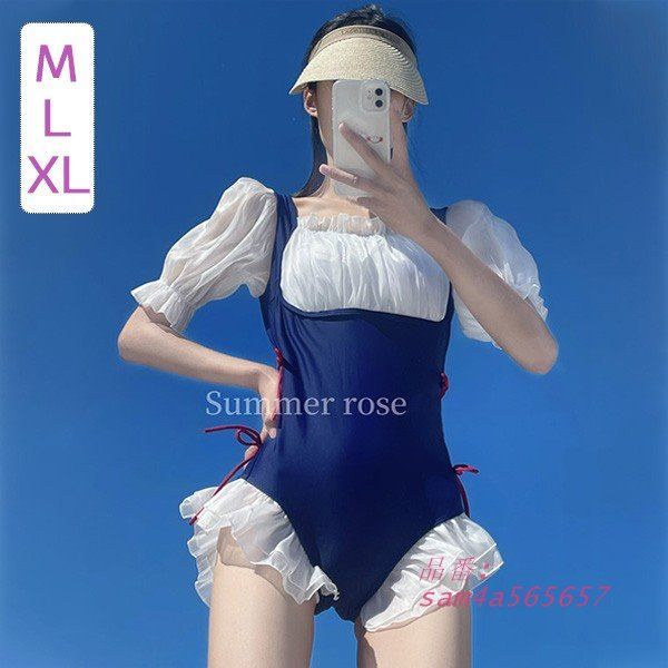 レディース 水着 レオタード水着 ローレグ パッド付 かわいい ネイビー M 露出控えめ リボン ビーチプール 小胸 L 温泉旅行 海 夏 am4a565657