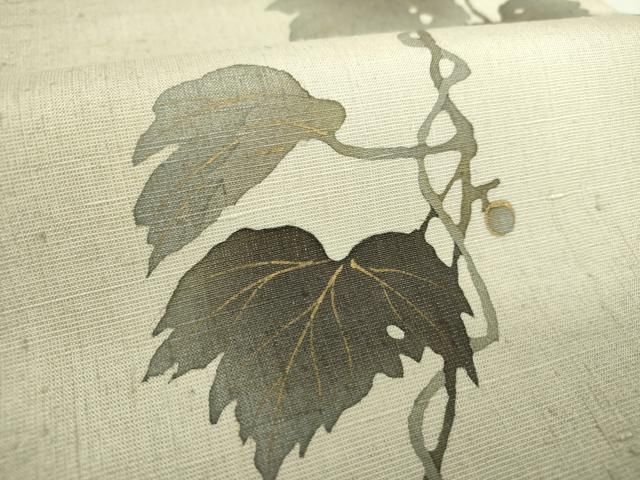 平和屋着物●太鼓柄袋帯　紬地　手描き　葡萄蔦の葉文　金彩　正絹　逸品　DAAS3190ps 平和屋着物○太鼓柄袋帯 紬地 手描き 葡萄蔦の葉文 金彩 正絹 逸品