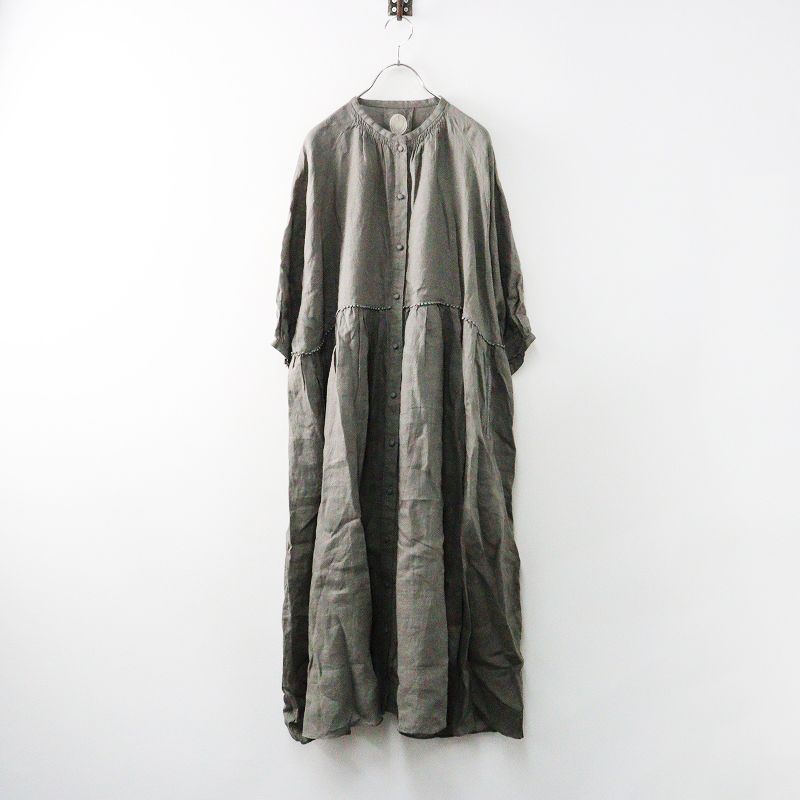 定価2.9万 雨のリュウグウ TANDEY 雨のしずく ワンピース チャコールグレー リネン ドレス ギャザー フ 2400014652437