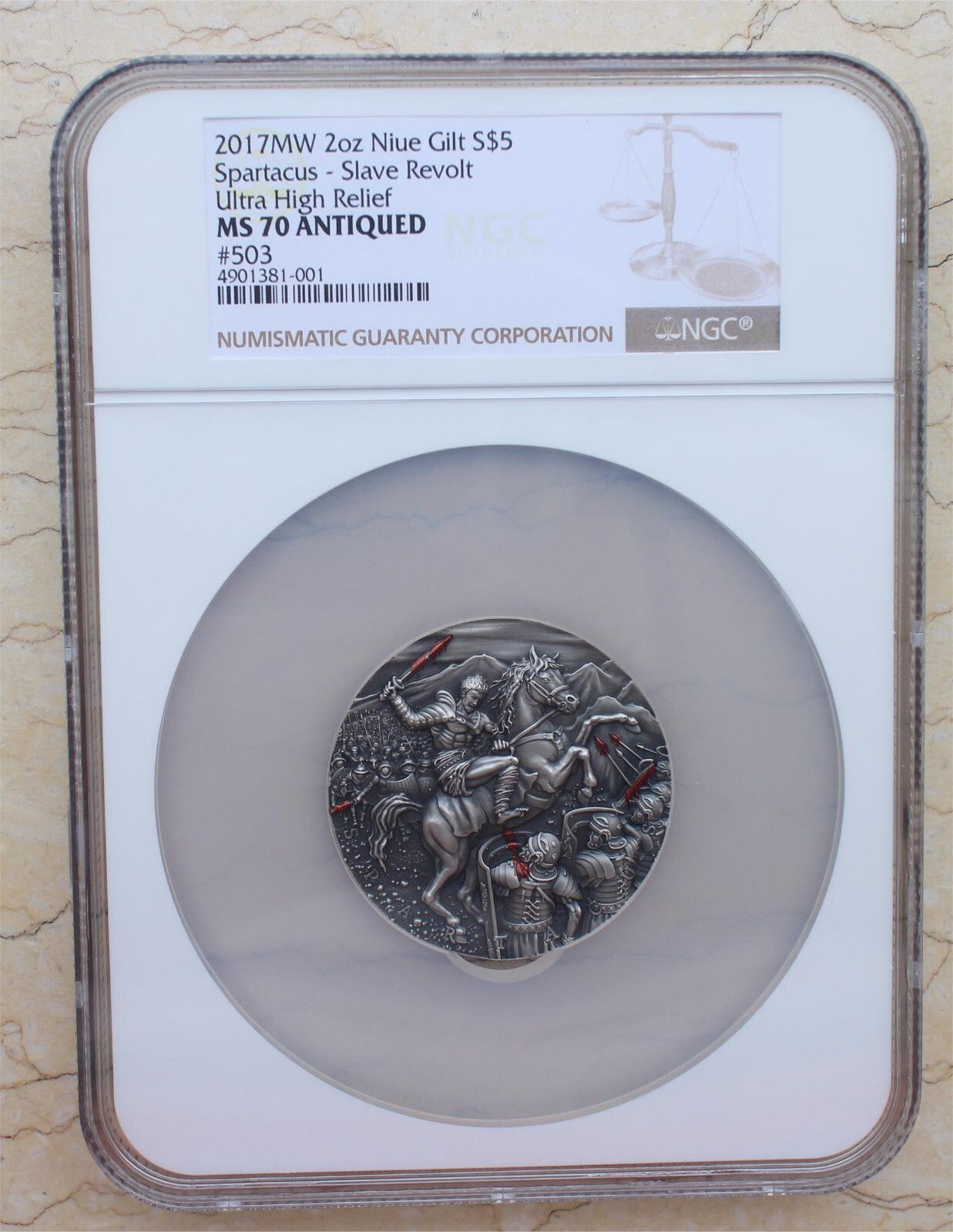 NGC MS70 Antiqued 2017 Niue 2oz Solid Silver Coin - Spartac - Slave Revolt