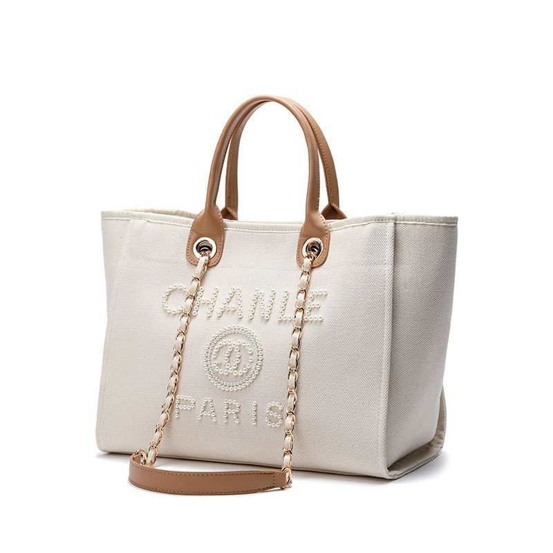【大容量♡溢れる存在感♪】CHANEL トートバッグ CHANLEブランドのシャネル風のキャンバスとパールが付いた大容量