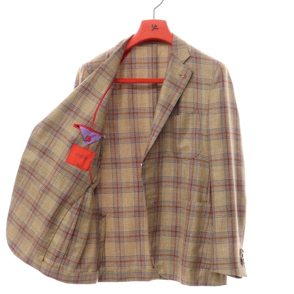 ISAIA ブラウン系チェック テーラードジャケット 56 イタリア製 中古】【未使用】イザイア ISAIA ウールシルクリネン チェック 2B