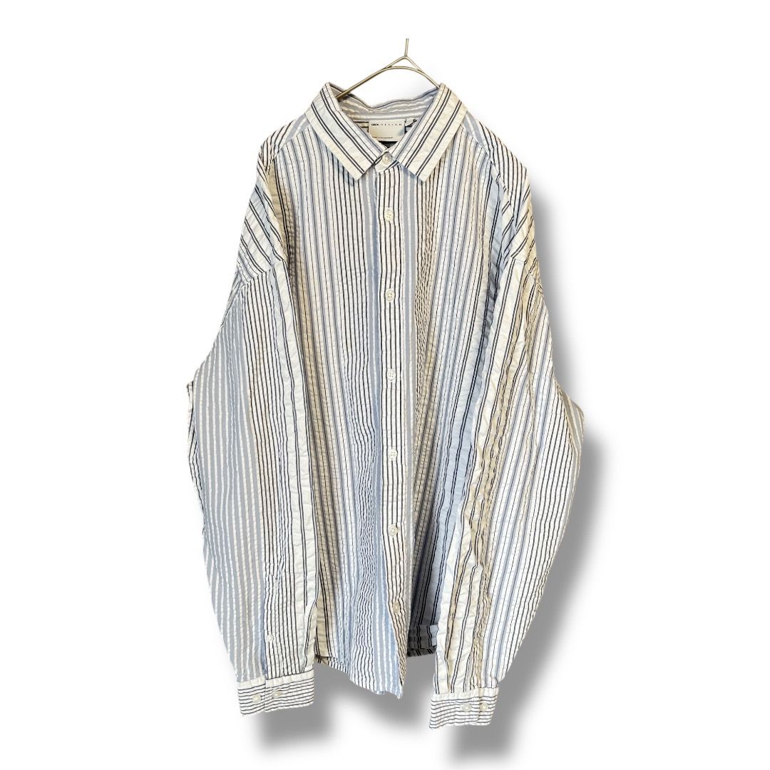 asos DESIGN エイソスデザイン ストライプ柄 オーバーサイズ 長袖 シアサッカー シャツ 紳士 羽織り トップス コットン メンズ サイズS ホワイト×ブルー系 秋 久喜倉庫店 K660Y