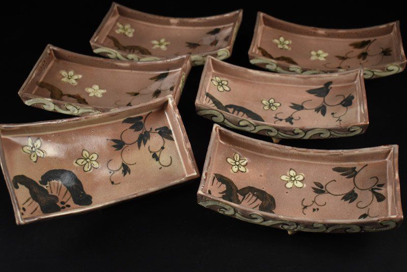 蔵A4705】絵志野 足付平向付 長皿 草花文 六客 - メルカリ