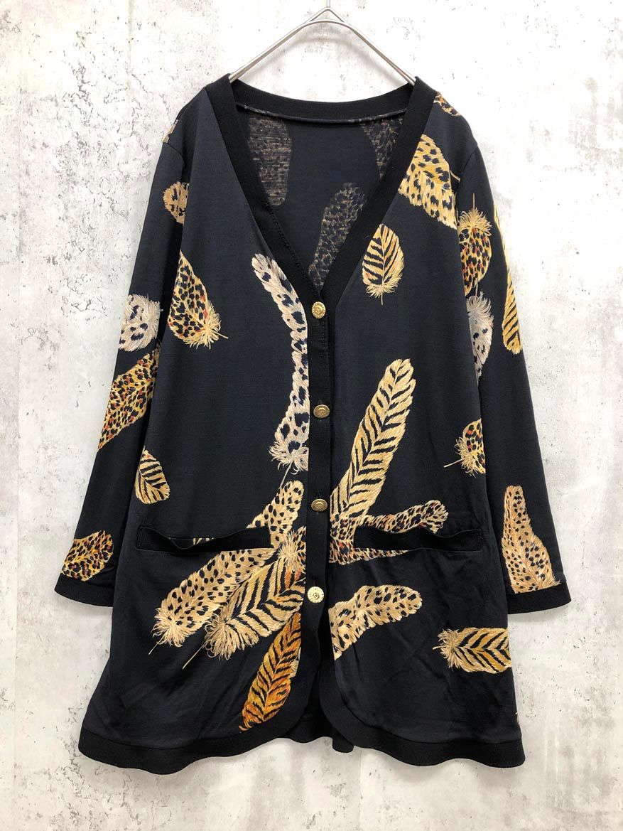 LEONARD レオナール フェザー Vネック 薄手 シルク混 カーディガン sizeM|黒 ◎レディース