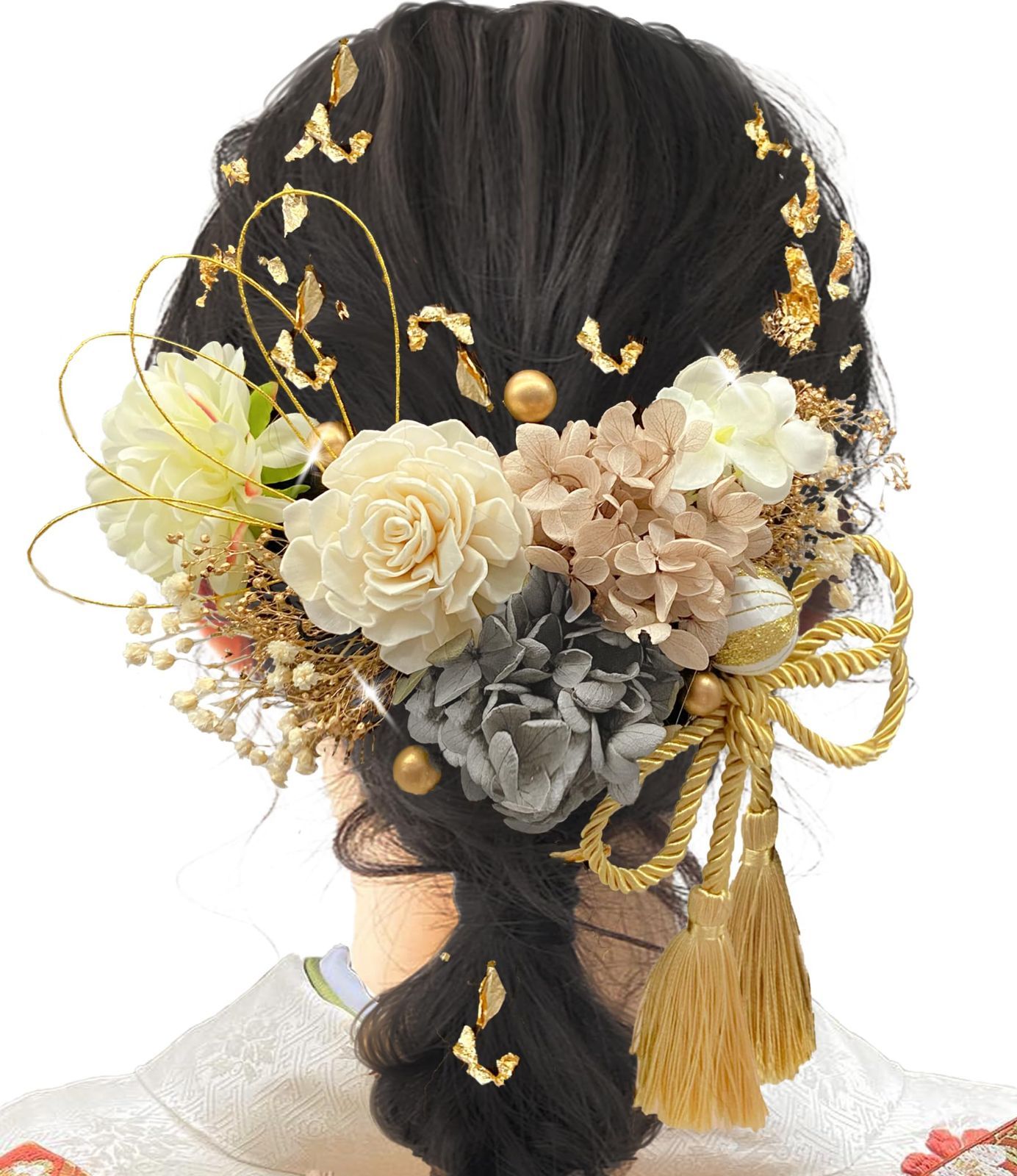 低価，大人気 【在庫処分】A1071 手作り 花飾り 紫陽花 ゴールド 金箔 造花 かすみ草 水引き 卒業式 浴衣用 袴 着物 振袖 和装 ドライフラワー 髪飾り【7色展開】 成人式 [JZOON] 和装小物
