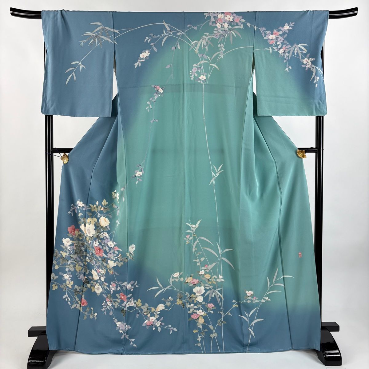 訪問着 身丈167cm 裄丈68.5cm L 袷 落款 枝花 ぼかし 青灰色 正絹