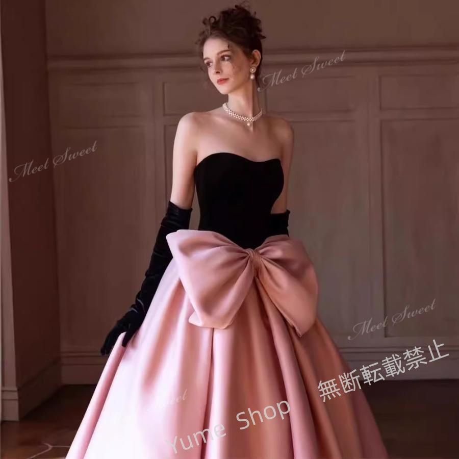 ♥ カラードレス ブラック-ピンクの配色 大きい ウェディングドレス ウエディングドレスドレス パーティードレス 演奏会 発表会 結婚式 二次会 編み上げ nhdw145