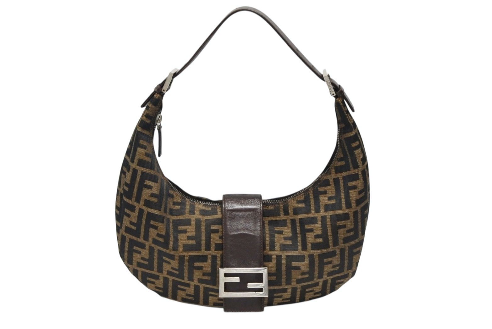 FENDI フェンディ クロワッサン ハーフムーン ワンショルダーバッグ ハンドバッグ キャンバス ブラウン シルバー金具 4b007317