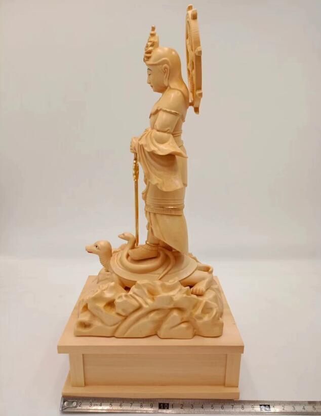  品上質仏像 妙見菩薩 立像 乗亀像 北辰妙見菩薩木彫仏像 木彫り総高38 cm 原木 仏像 仏壇 仏具