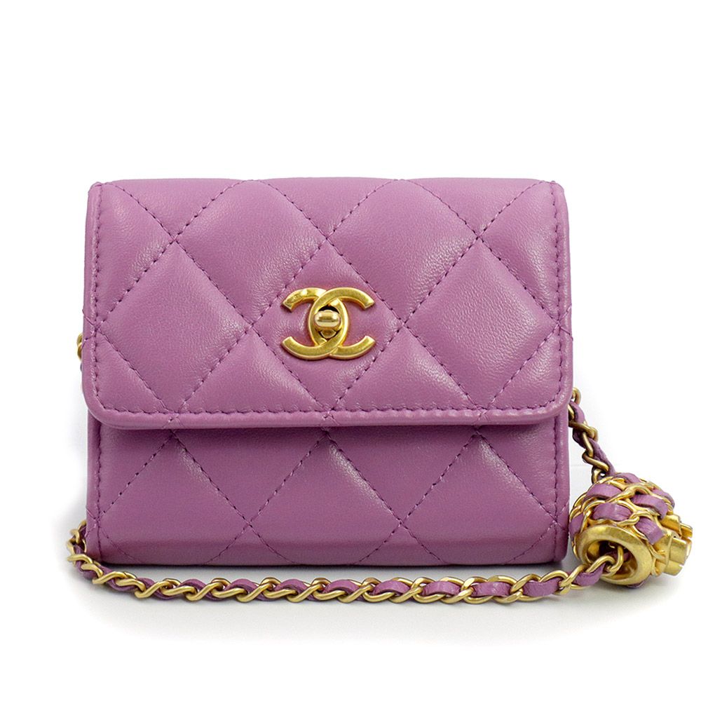 （新品・未使用品）シャネル CHANEL ココマーク マトラッセ ボール クラッチ ミニ ケース 小銭入れ 財布 斜め掛け チェーンウォレット ショルダーバッグ ラムスキン レザー パープル 紫 ゴールド金具 AP2704 箱付 シャネル ココマーク マトラッセ ボール クラッチ ミニ コインケース