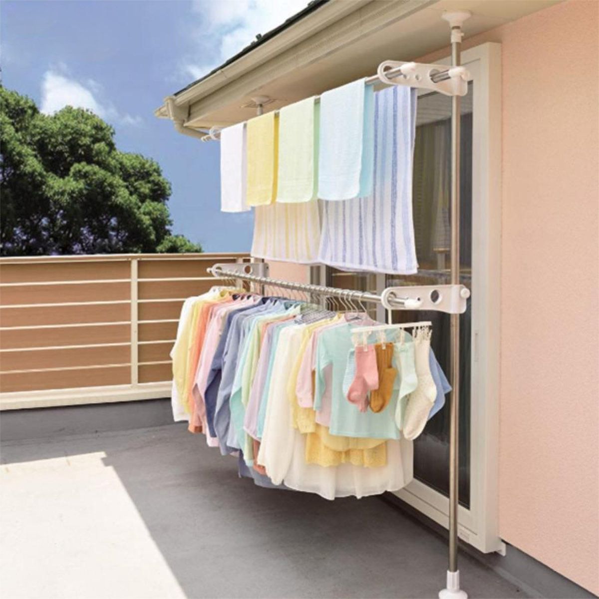 室内物干し PORISH 突っ張り式物干しベランダ用 ステンレス 物干し台 ベランダ 突っ張り つっぱり ステンレス製 突っ張り式 突ぱり式 竿掛け ランドリー