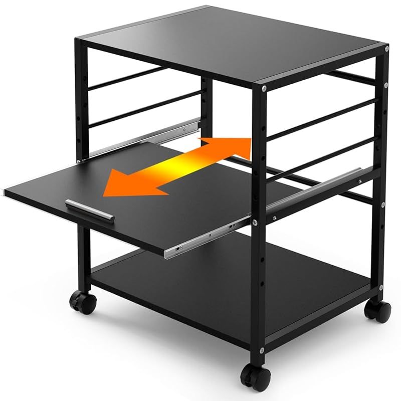 プリンター台 ラック ワゴン 木製 3段 キャスター付き 中棚スライド式 カート 机下台 サイドワゴン 棚板高さ調節可能 プリンター収納 ブラック 高強度のメラミン加工 組立簡単 オフィス 家