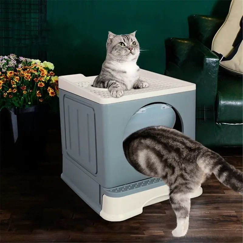 キャットトイレ フロント フラップドア トンネル付き 半密閉型 折りたたみ式 飛沫防止 猫用トイレ 引き出し におい除去 ペットトイレ 5色対応 グレー ピンク ライトブルー 青 緑