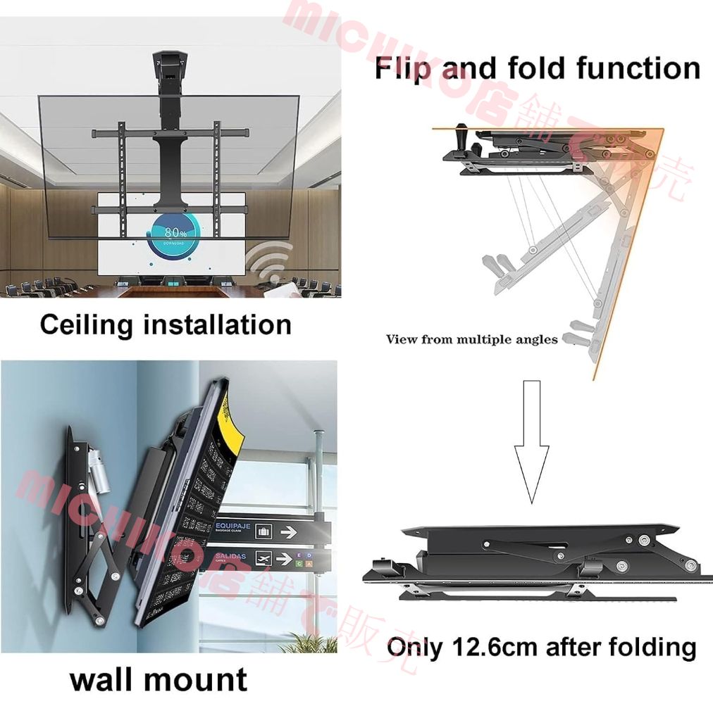  テレビ天吊り金具 - 電動天井 TV マウント 0 ～ 85° 折りたたみ式 隠し折りたたみ式 リフト 自動リフト付き伸縮式電動 ブラック モニター台 ディスプレイ モニター