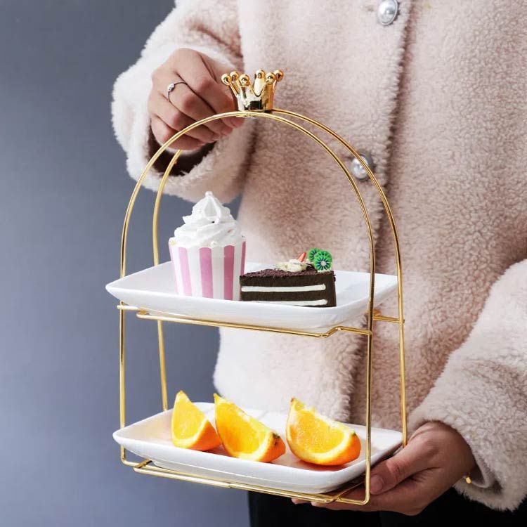 ケーキスタンド 2段 陶器製 プレート2枚付き ケーキトレー 角型