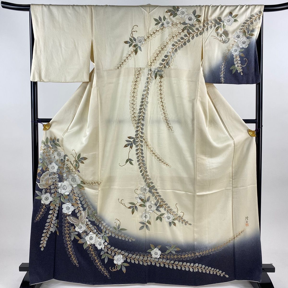 訪問着 身丈166cm 裄丈67.5cm L 袷 落款 辻が花柄 蝶 螺鈿 金銀彩 クリーム 正絹 名品