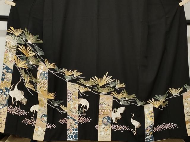 平和屋着物□豪華黒留袖 駒刺繍 群鶴枝松葉文 金彩 正絹 逸品
