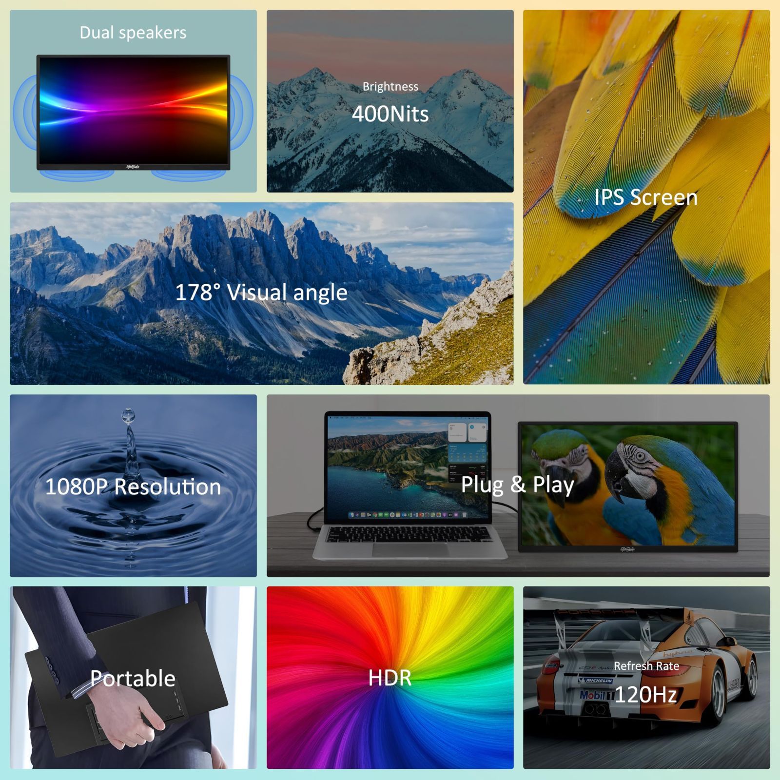 大 トラベルゲームモニター 400Nits 120Hz HDR FHD ポータブルモニター ラップトップモニター プラグアンドプレイデュアルスピーカー PC タブレット Mac Xbox PS3 4 5 18.5インチ 用の外部スクリーン 18.5