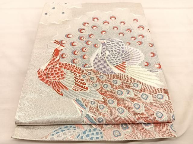 平和屋着物◎六通柄袋帯 唐織 孔雀 九百錦 プラチナ箔 正絹 逸品