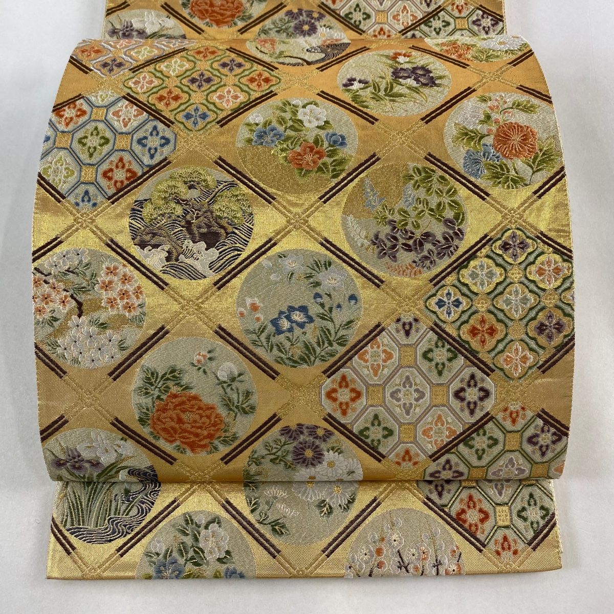 袋帯 秀品 帆船 草花 金糸 箔 金色 六通 正絹 【中古】（袋帯 美