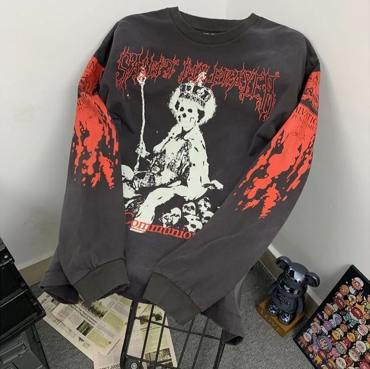 ♥ アメリカン風ヴィンテージストリートスカルスローンアルファベットプリントウォッシュ加工ビッグシルエット長袖Tシャツ メンズ K