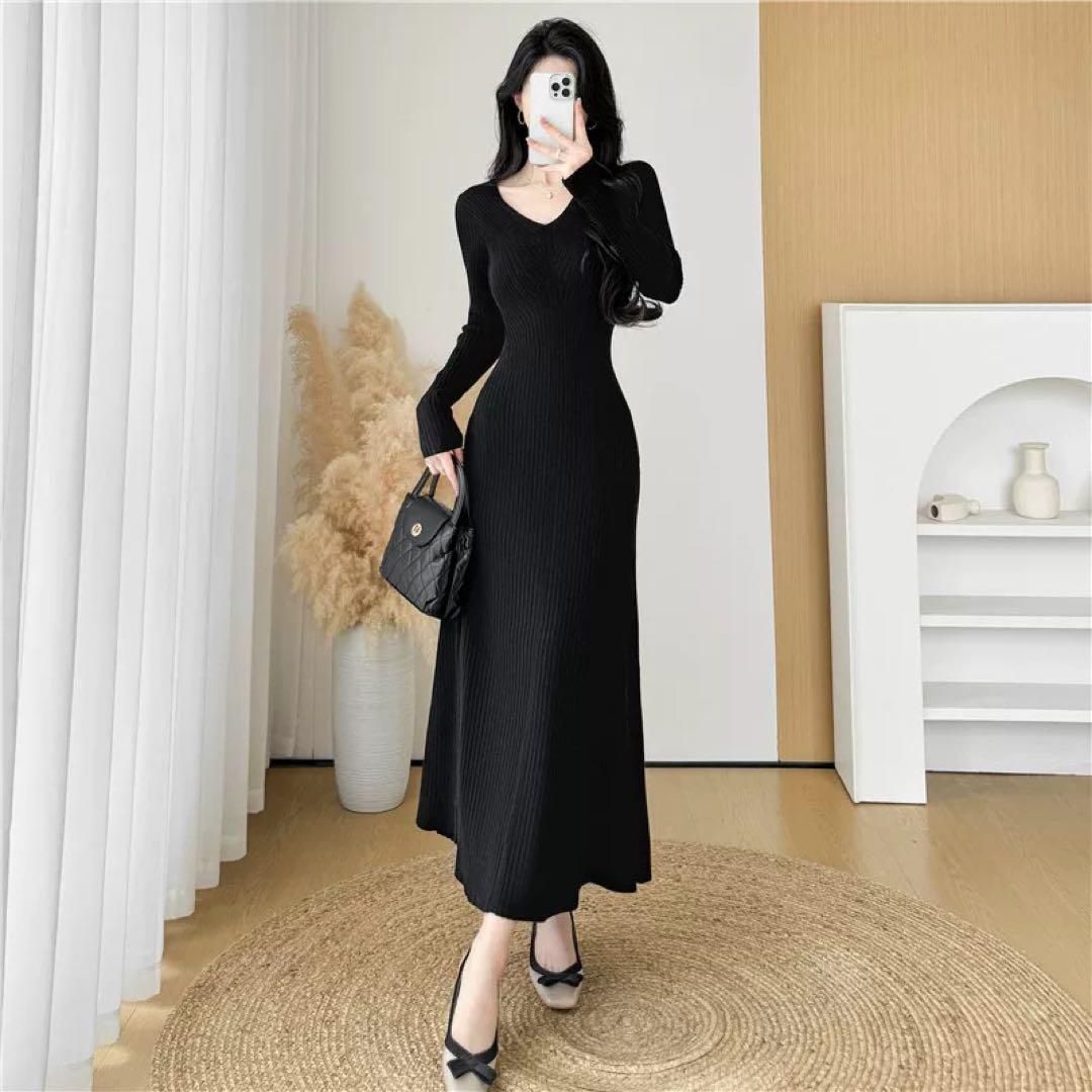 Vネックニットワンピース春のスリムフィットフィッシュテール