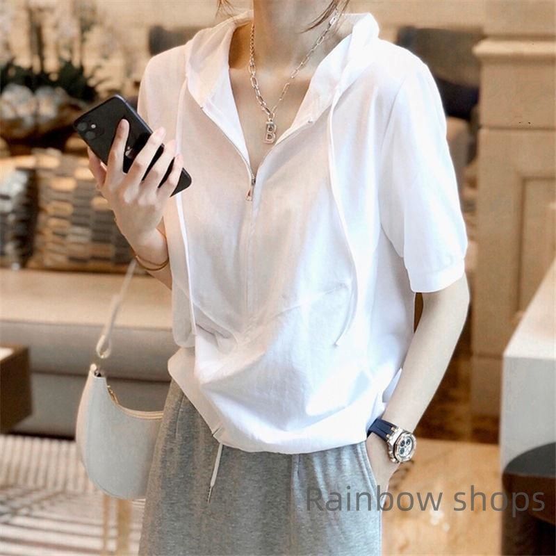 半袖パーカー レディース パーカー 五分袖 フード付き ゆったり ジッパー Tシャツ カジュアル カットソー トップス プルオーバー 夏服 おしゃれ 半袖パーカー レディース パーカー 五分袖 フード付き ゆったり