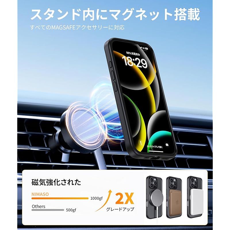 NIMASO iPhone16Pro用 ケース 縦横両対応 360°回転スタンドケース MagSafe対応 携帯スマホケース リングマグネット搭載  カバー いPhone16Pro対応 ワイヤレス充電対応 マット感 防指紋 米軍MIL規格 耐衝撃性 アジャス