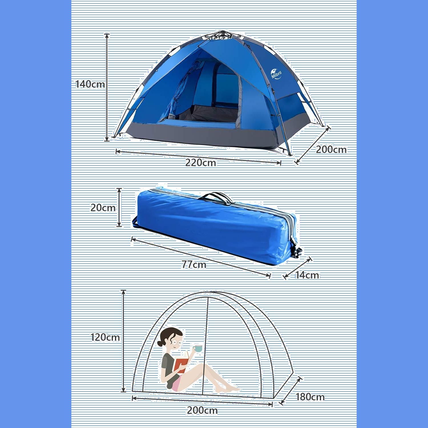 Mibril テント ワンタッチテント 3-4人用 10秒設営 UVカット加工 耐水圧3000ｍｍ 防風防水 通気性に優れ 超軽量 虫対策メッシュ  公園 ピクニック 登山 アウトドア 花見 海水浴 キャンプ用品 災害 地震 旅行 緊急用 収納袋付 - メルカリ