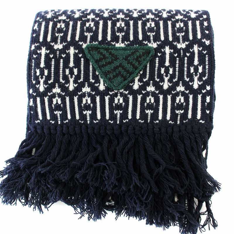 プラダ PRADA マフラー UMS406 ウール カシミヤ混 ニット ネイビー 白